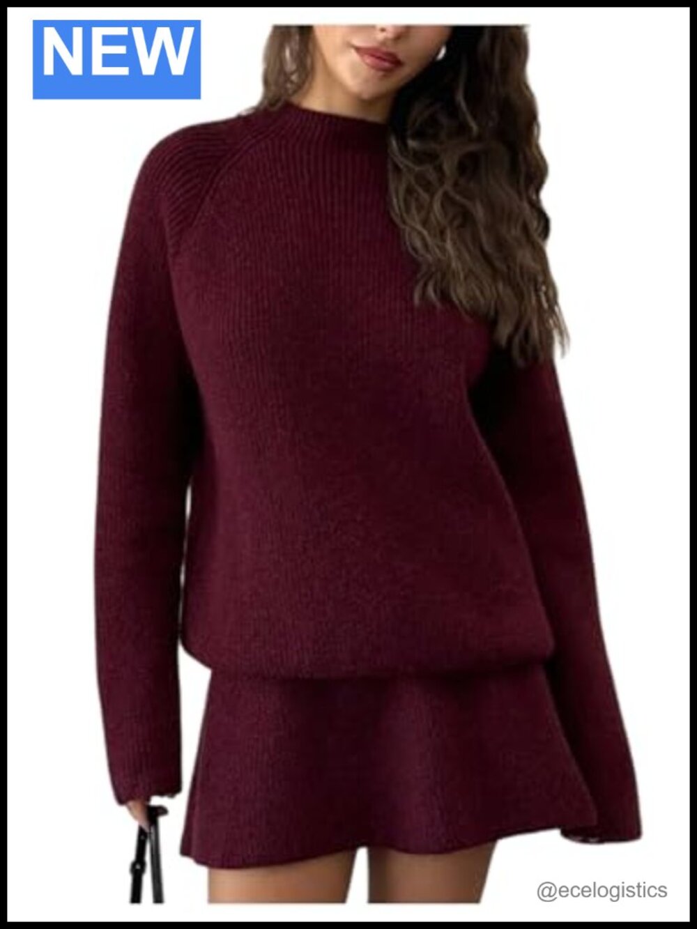 2 Piece Rib Knit Sweater Set Mock Neck Pullover Flared Mini Skirt